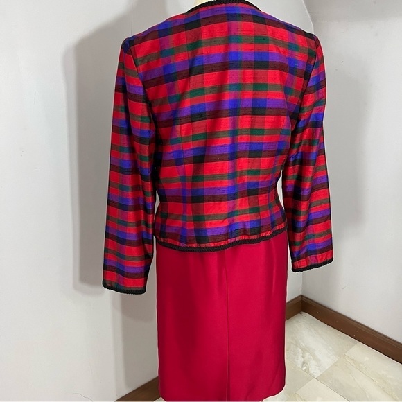 Vintage Talbots red silk midi dress and colorful plaid collarless blazer jacket - Picture 10 of 13